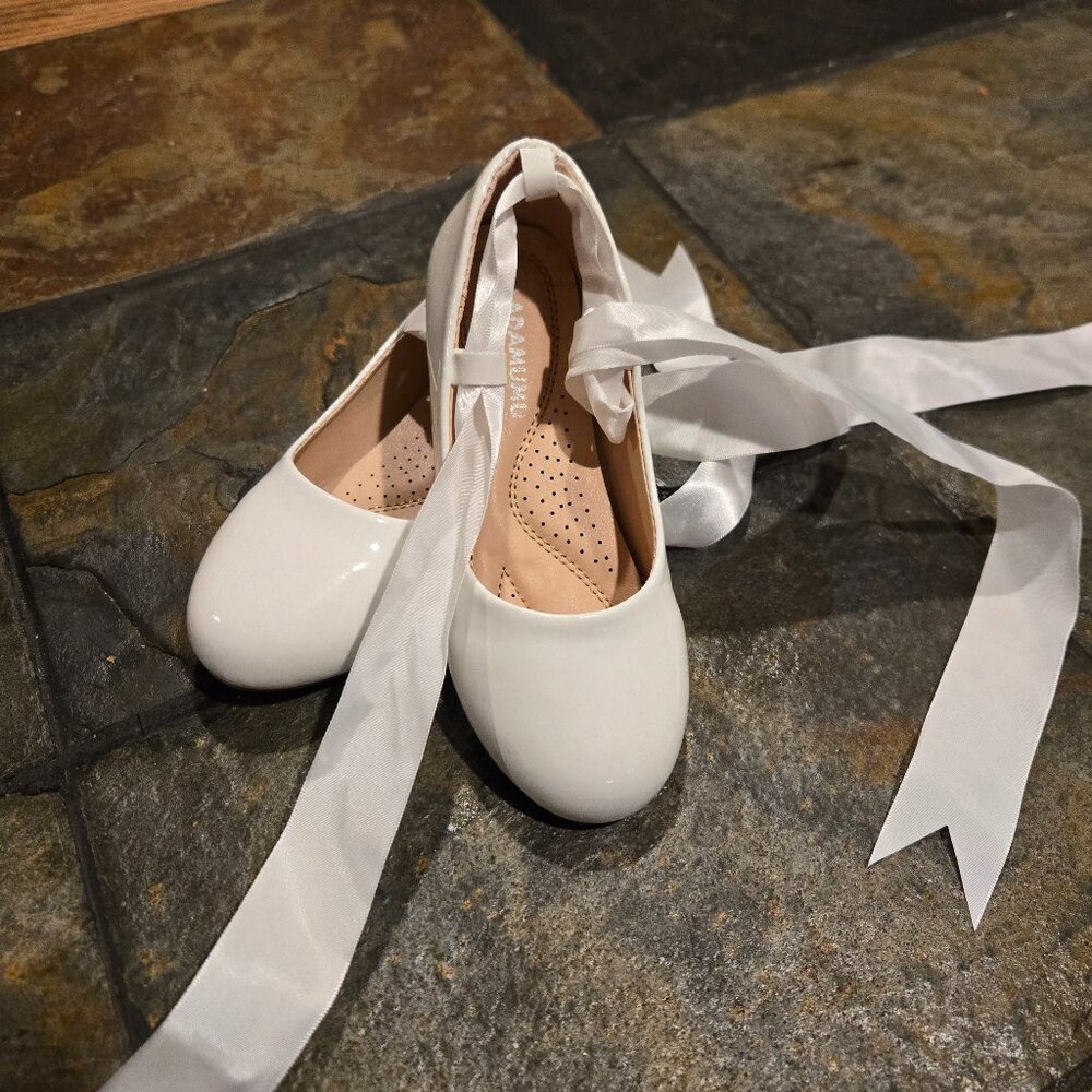 Adamumu White Flats with Ribbon Ties - Special Occasion Shoes- Size 12